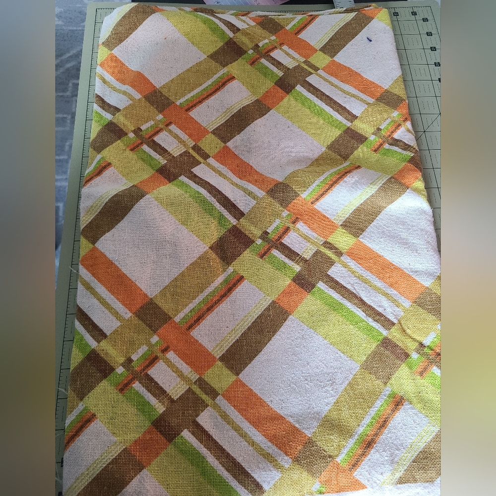 Vintage Plaid Fabric in Orange, Green, and Brown - 3 Yards